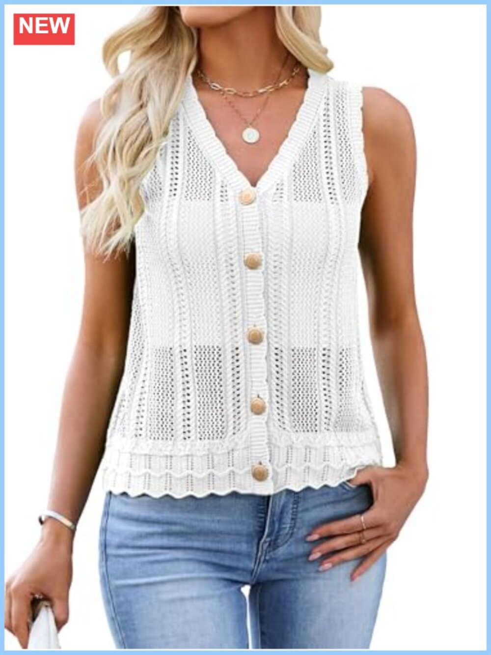 Womens Crochet V Neck Sweater Vest Sleeveless Button Down Knit Tank Top